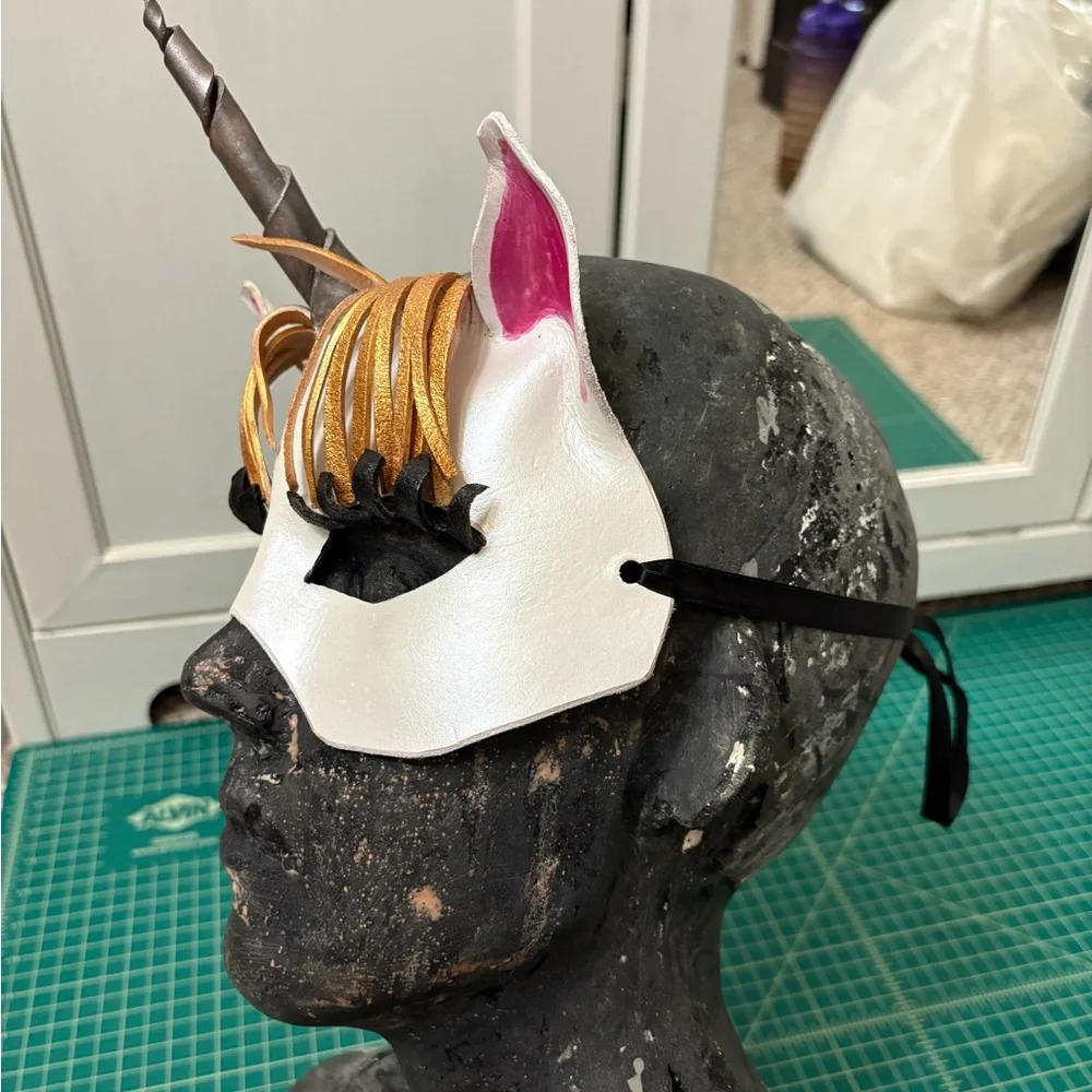 Unicorn Leather Mask with Gold and Pink Accents